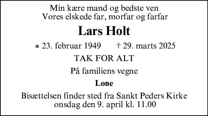 Dødsannonce for Lars Holt