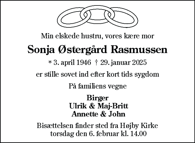 Dødsannonce for Sonja Østergård Rasmussen
