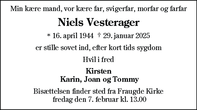 Dødsannonce for Niels Vesterager