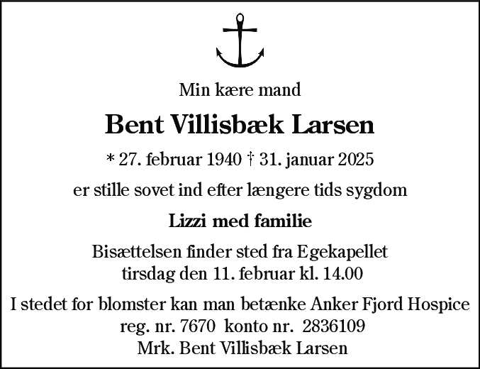 Dødsannonce for Bent Villisbæk Larsen