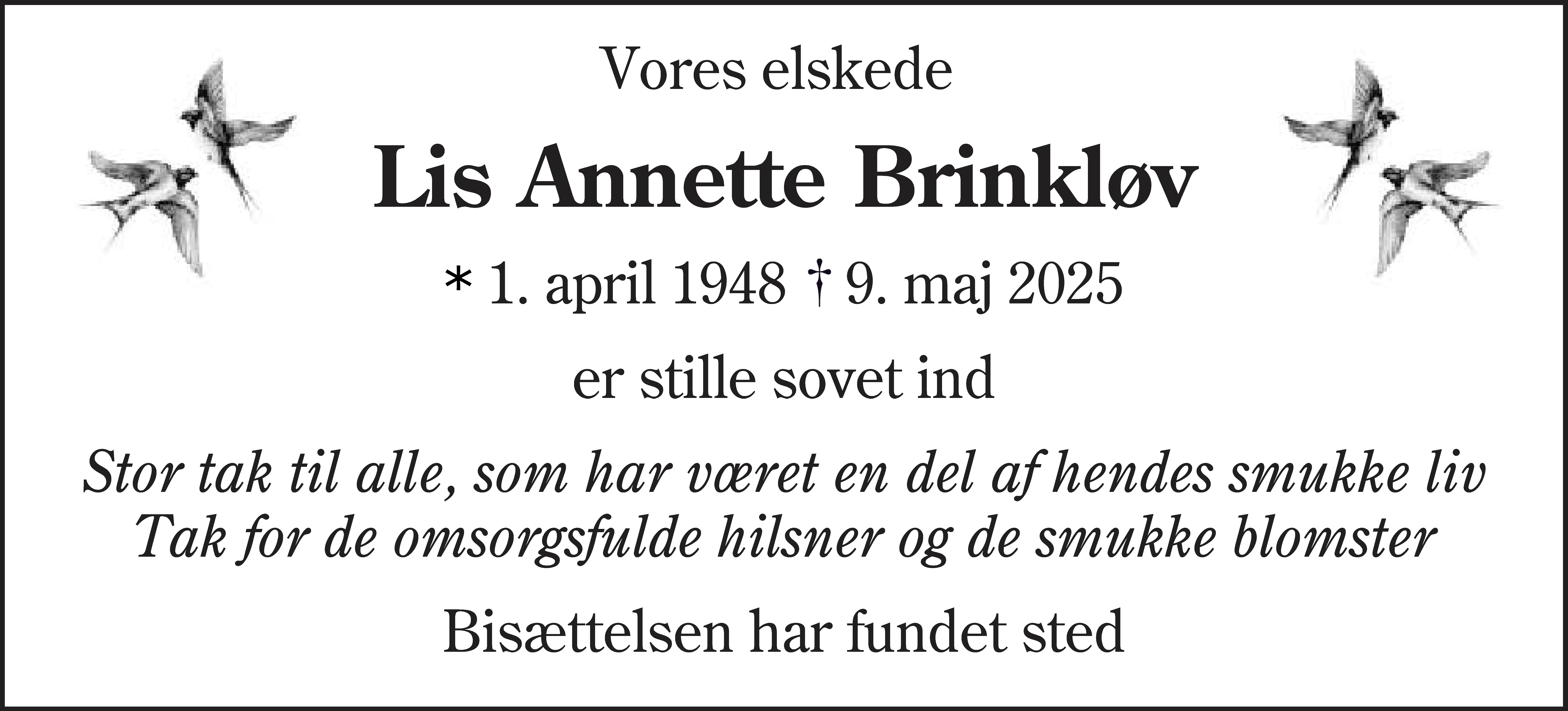 Dødsannonce for Lis Annette Brinkløv
