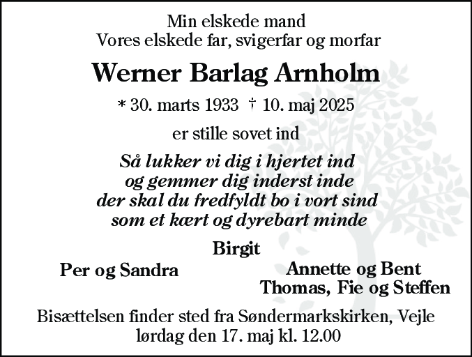 Dødsannonce for Werner Barlag Arnholm