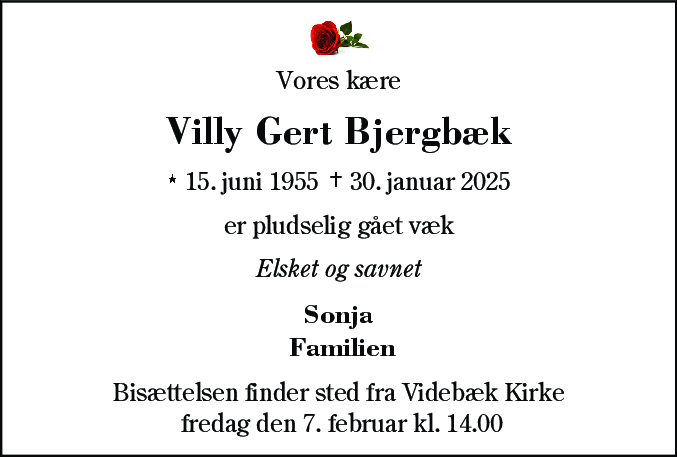 Dødsannonce for Villy Gert Bjergbæk