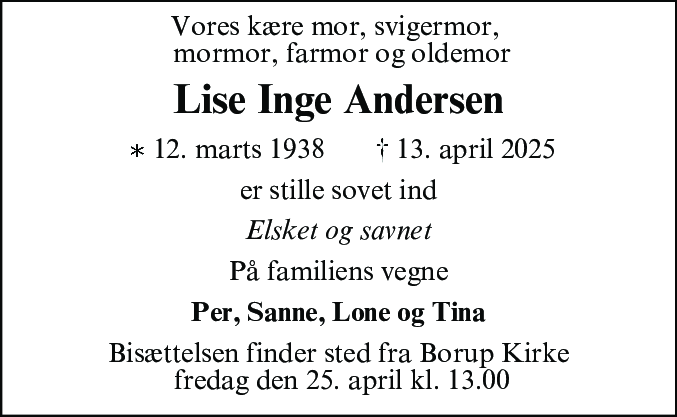 Dødsannonce for Lise Inge Andersen