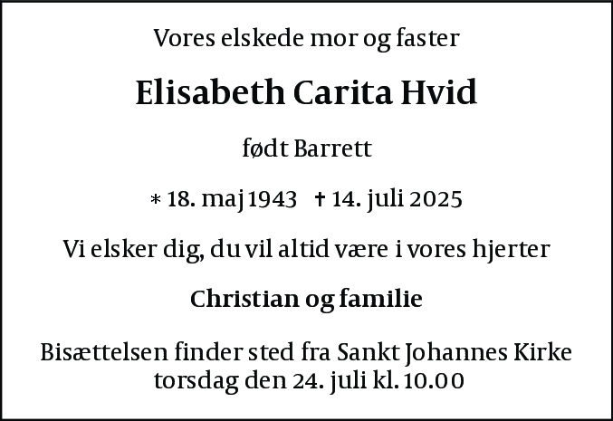 Dødsannonce for Elisabeth Carita Hvid