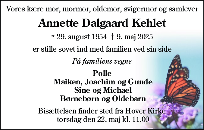 Dødsannonce for Annette Dalgaard Kehlet