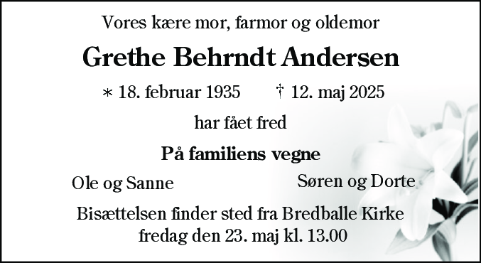 Dødsannonce for Grethe Behrndt Andersen