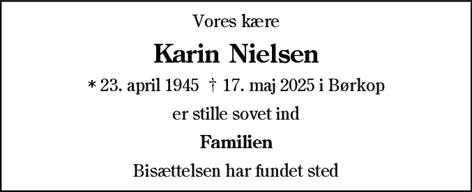 Dødsannonce for Karin Nielsen