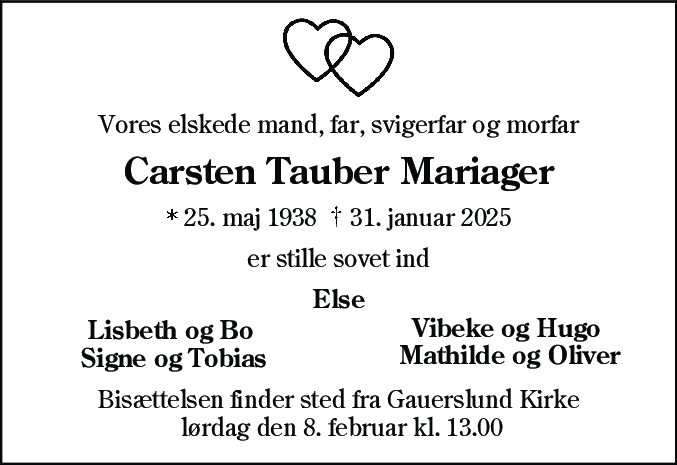 Dødsannonce for Carsten Tauber Mariager