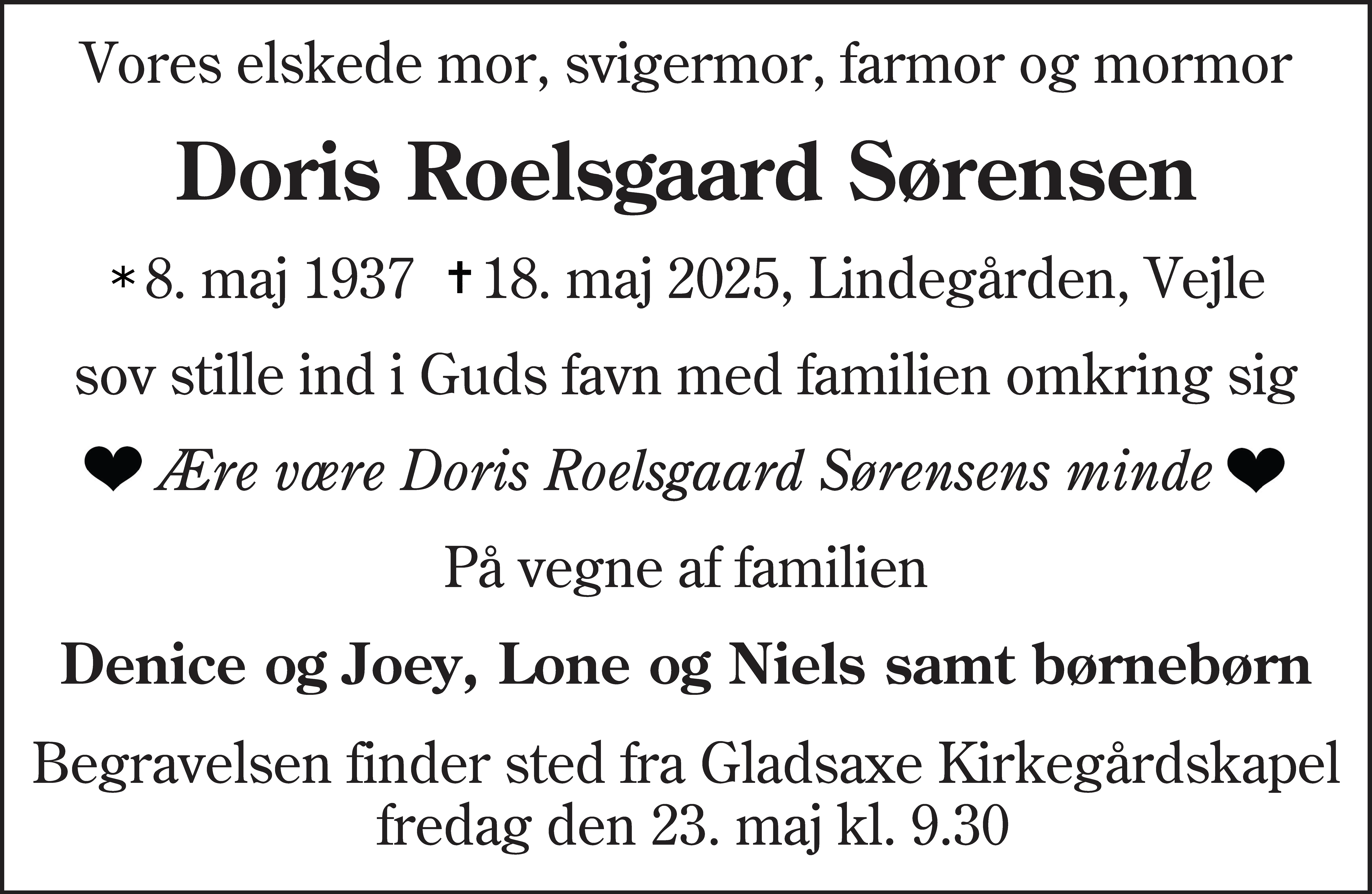 Dødsannonce for Doris Sørensen