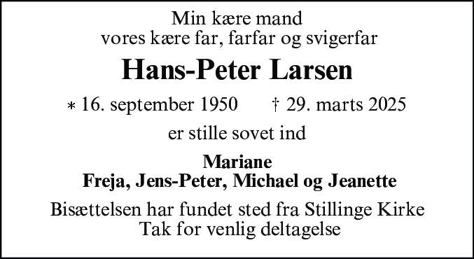 Dødsannonce for Hans Peter Larsen