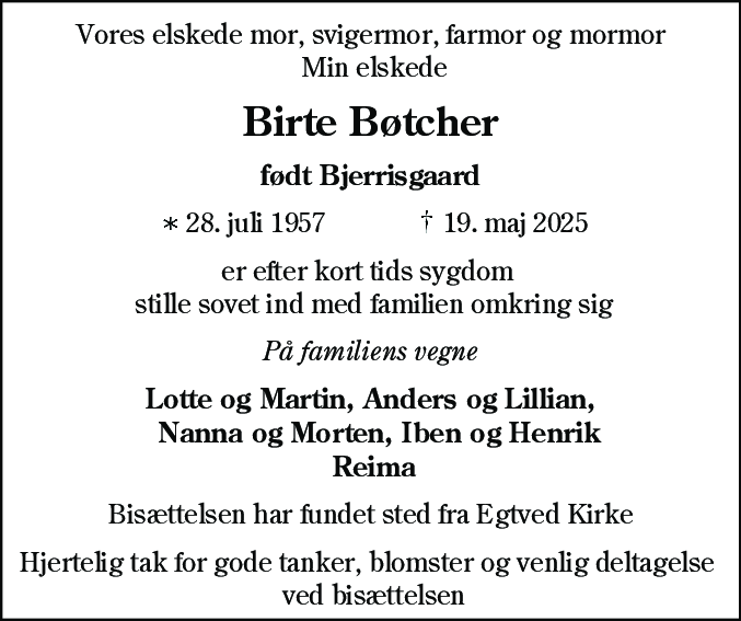 Dødsannonce for Birte Bøtcher