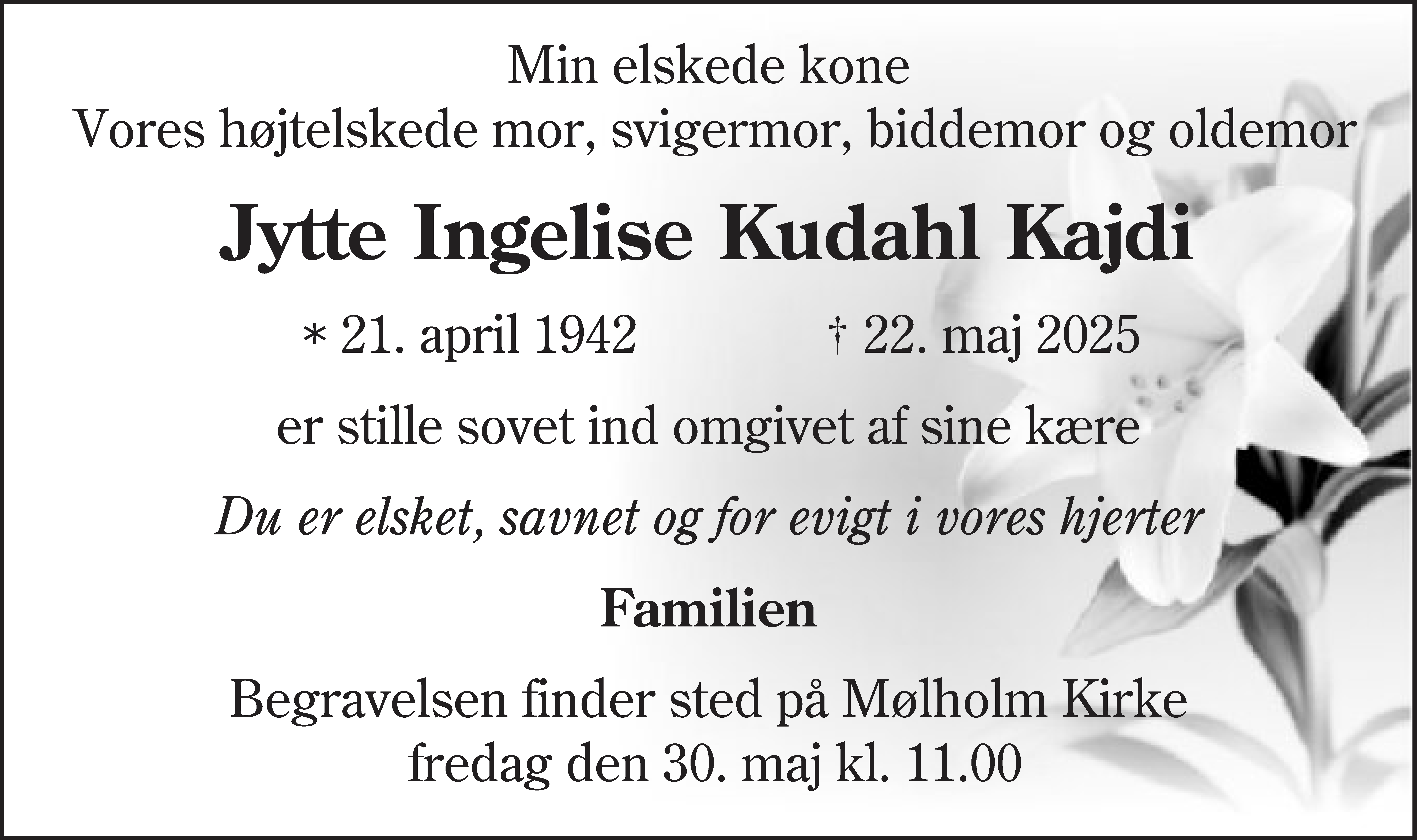 Dødsannonce for Jytte Ingelise Kudahl Kajdi