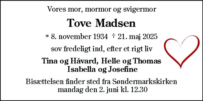 Dødsannonce for Tove Madsen