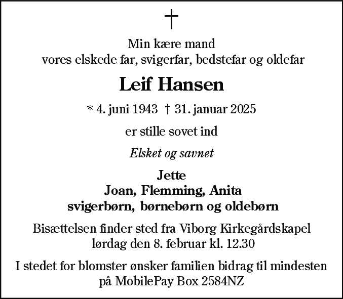 Dødsannonce for Leif Hansen