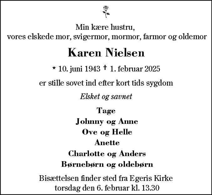 Dødsannonce for Karen Nielsen