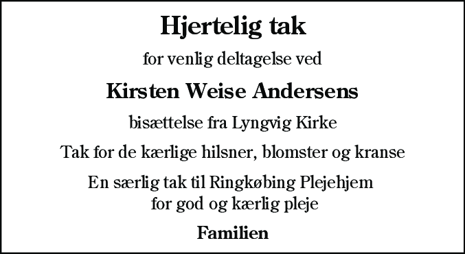 Dødsannonce for Kirsten Weise Andersen