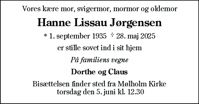 Dødsannonce for Hanne Lissau Jørgensen