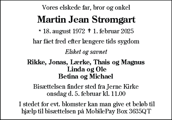 Dødsannonce for Martin Jean Strømgart