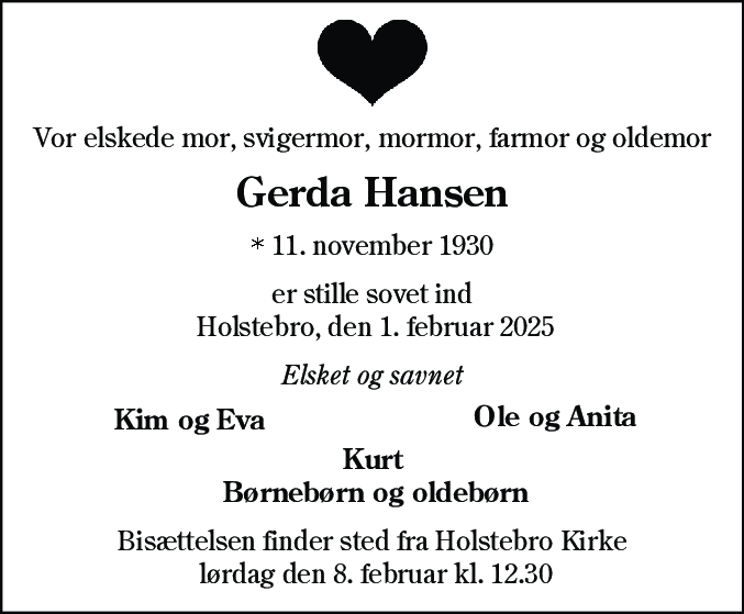 Dødsannonce for Gerda Hansen