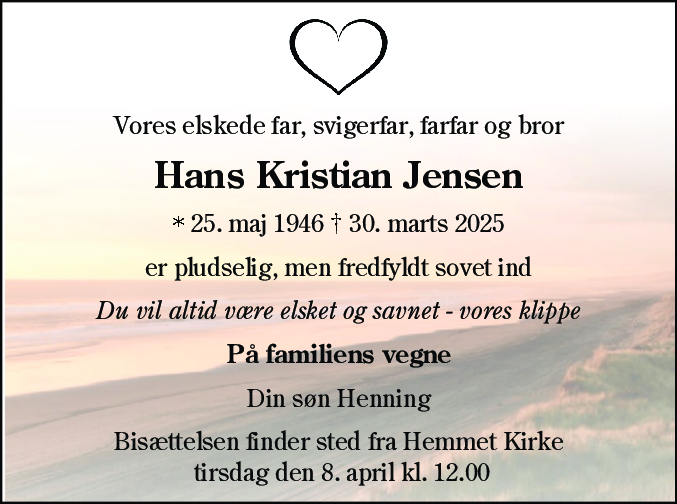 Dødsannonce for Hans Kristian Jensen