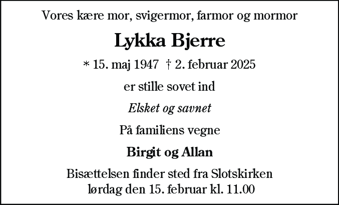 Dødsannonce for Lykka Bjerre