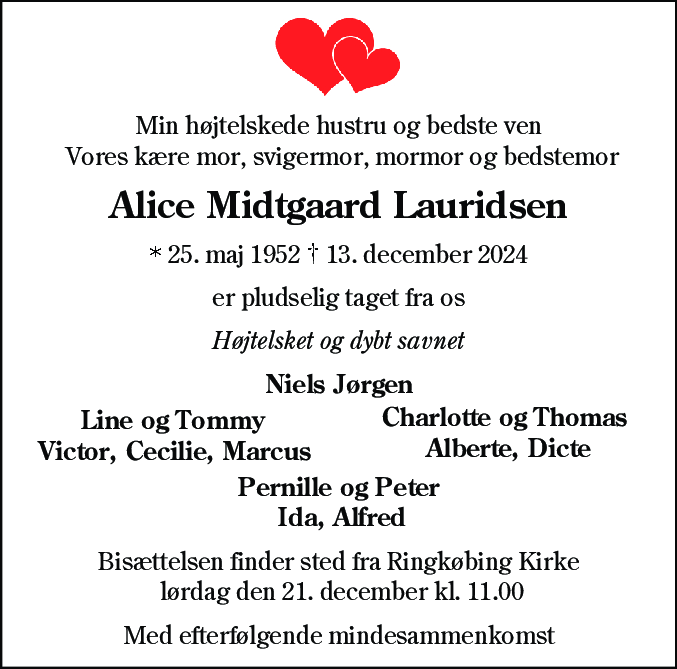 Dødsannonce for Alice Midtgaard Lauridsen