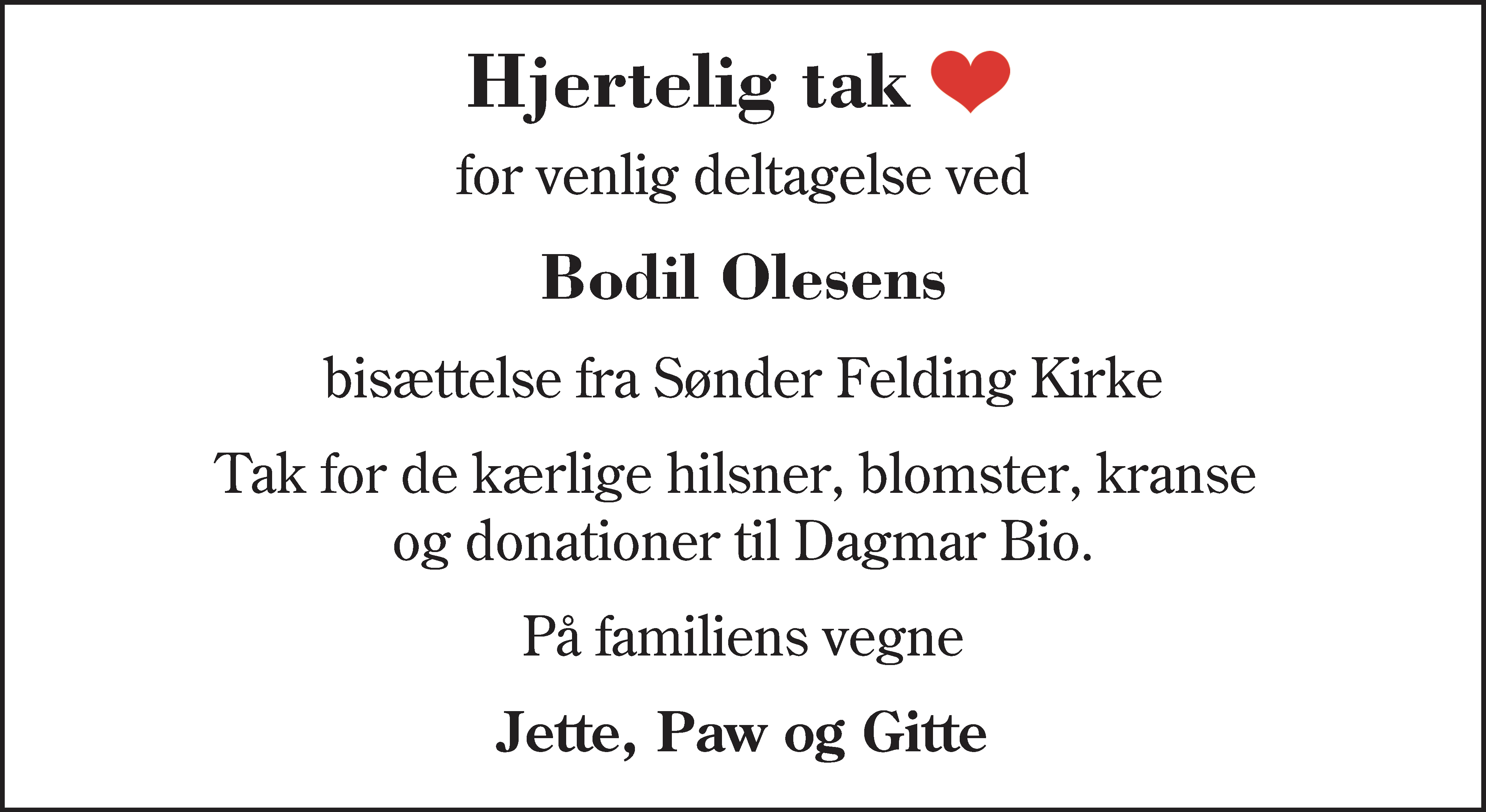 Dødsannonce for Bodil Olesen