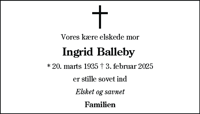 Dødsannonce for Ingrid Balleby