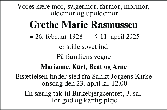 Dødsannonce for Grethe Marie Rasmussen