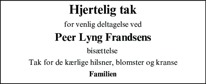 Dødsannonce for Peer Rasmus Lyng Frandsen