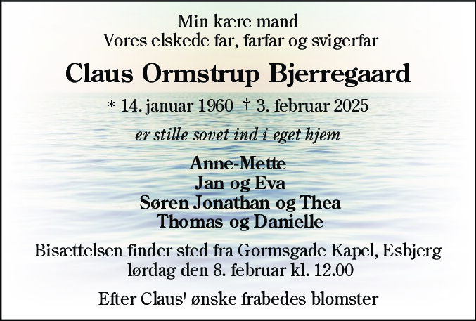 Dødsannonce for Claus Bjerregaard