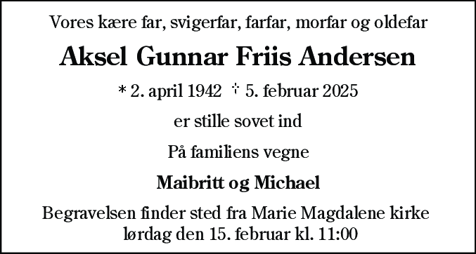 Dødsannonce for Aksel Gunnar Friis Andersen