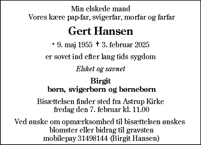 Dødsannonce for Gert Hansen