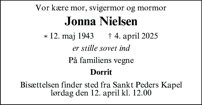 Dødsannonce for Jonna Nielsen