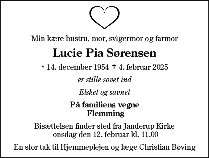 Dødsannonce for Lucie Pia Sørensen