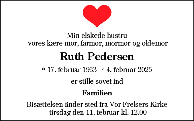 Dødsannonce for Ruth Pedersen