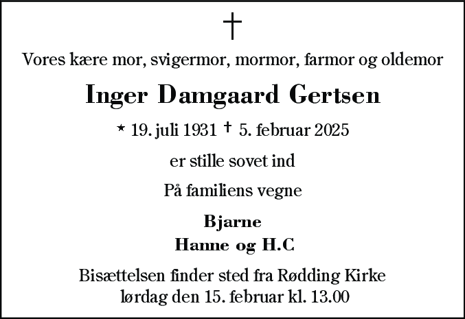 Dødsannonce for Inger Damgaard Gertsen