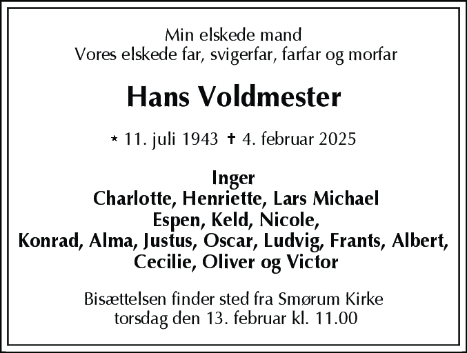 Dødsannonce for Hans Voldmester