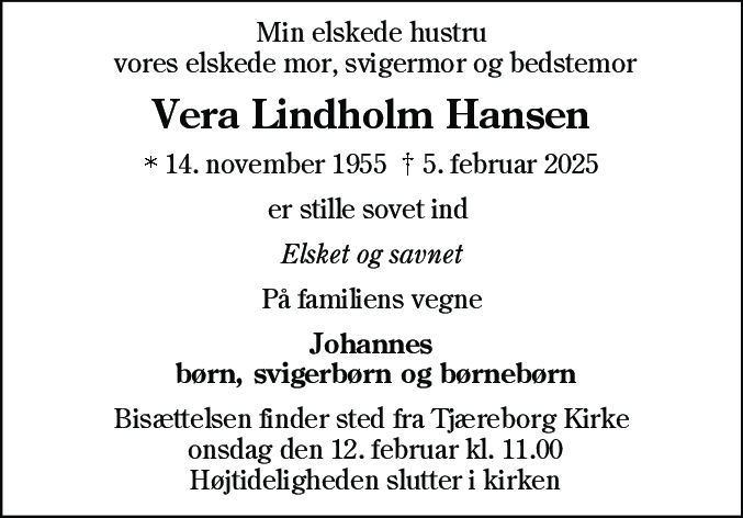 Dødsannonce for Vera Lindholm Hansen