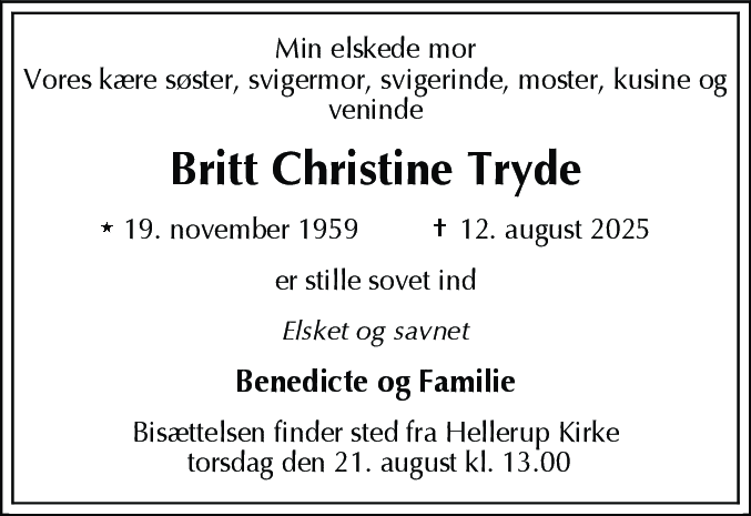 Dødsannonce for Britt Christine Tryde