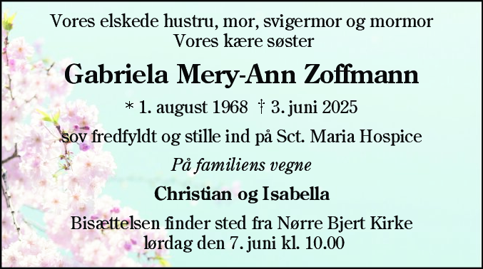 Dødsannonce for Gabriela Mery-Ann Zoffmann