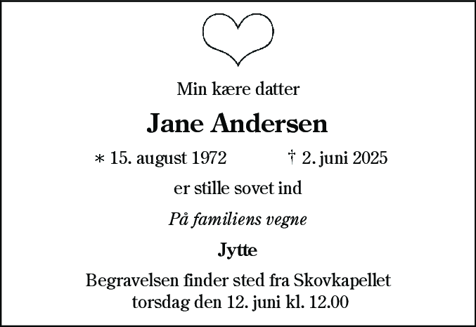 Dødsannonce for Jane Andersen
