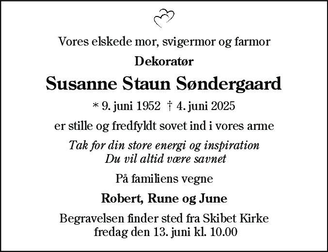Dødsannonce for Susanne Søndergaard