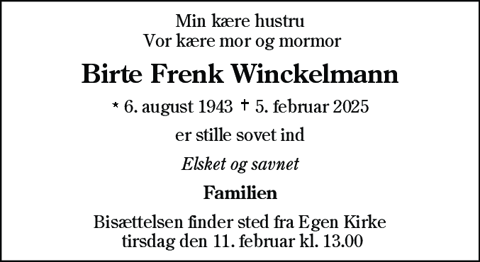 Dødsannonce for Birte Frenk Winckelmann