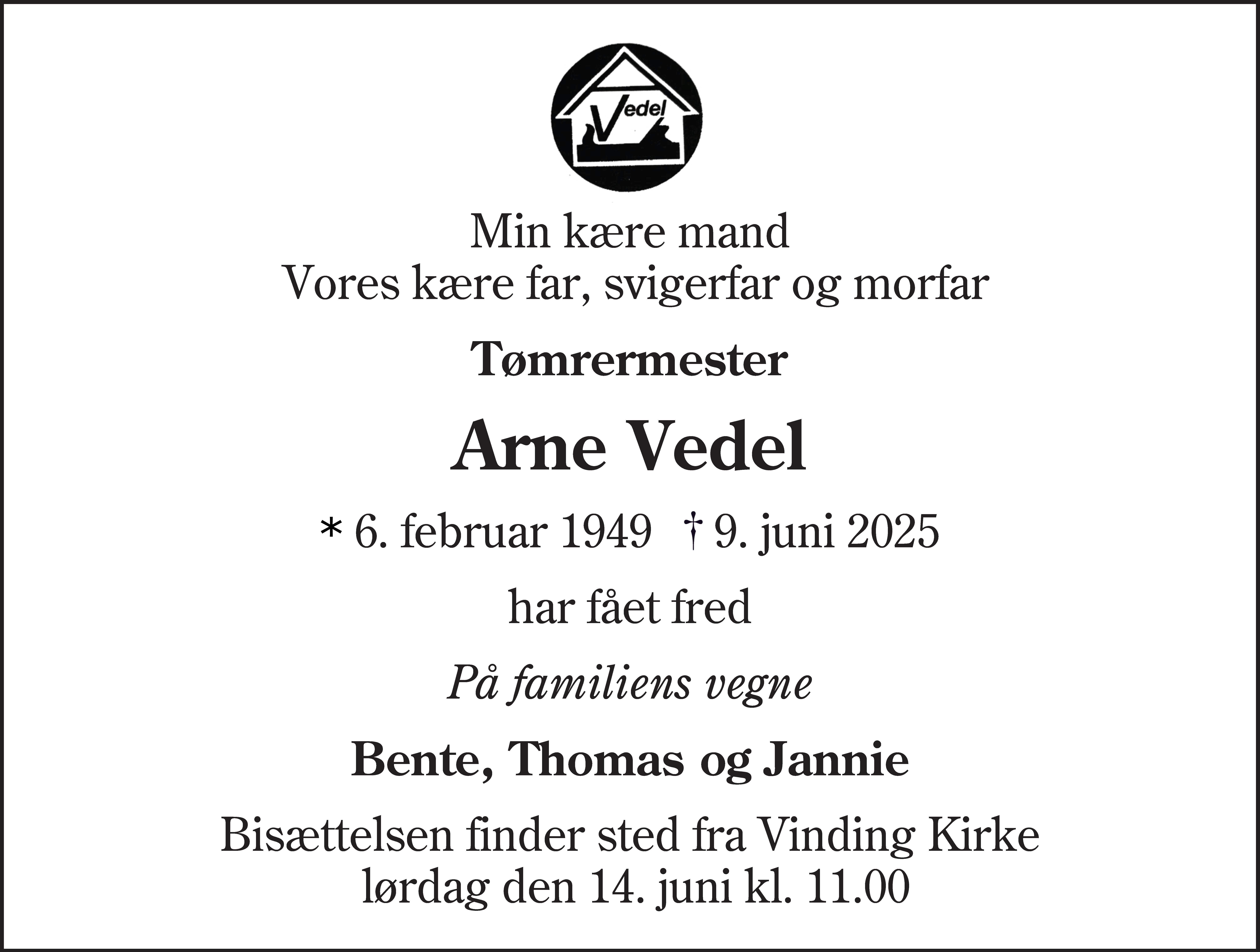 Dødsannonce for Arne Vedel