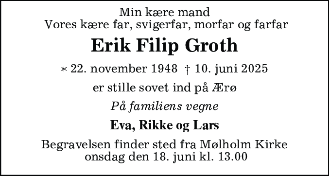 Dødsannonce for Erik Filip Groth