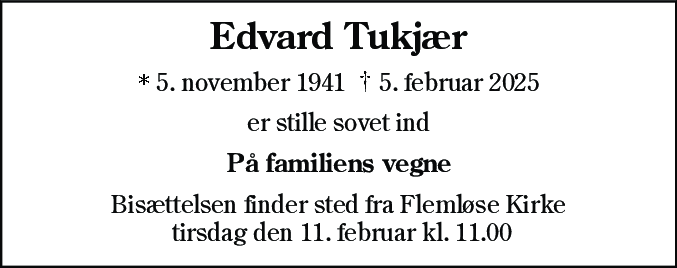 Dødsannonce for Edvard Tukjær
