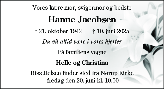 Dødsannonce for Johanne Kirstine Jacobsen