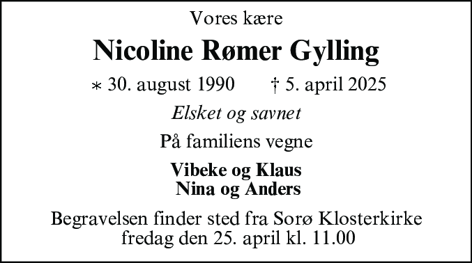 Dødsannonce for Nicoline Rømer Gylling